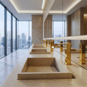 Commercial faucet with gold finish for water-saving bathroom design