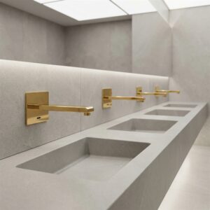 White and gold commercial faucet for hospitality restroom design