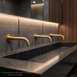 White and gold commercial faucet low-flow bathroom design