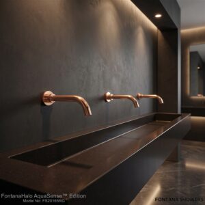 Rose gold low-flow faucet for hospitality restroom design