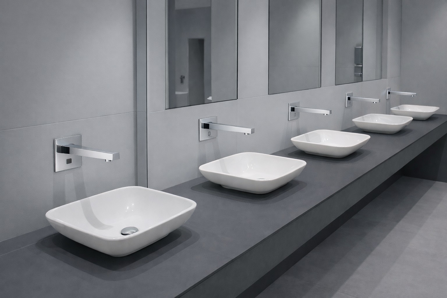 Commercial touchless faucet installation in a healthcare or government facility restroom