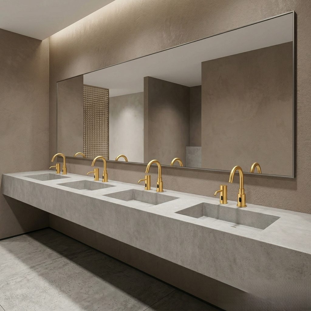 Brushed gold touchless faucet over stone basin sink