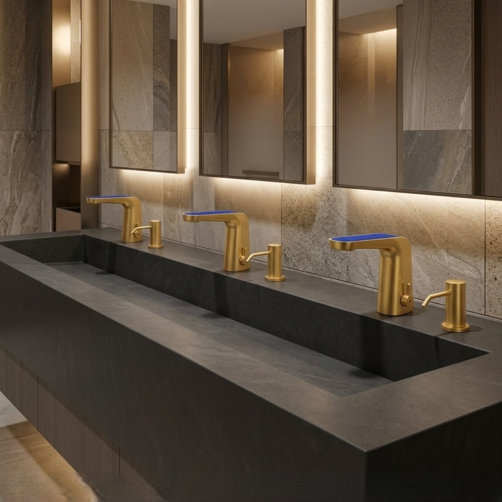 Brushed gold touchless faucet over stone basin sink