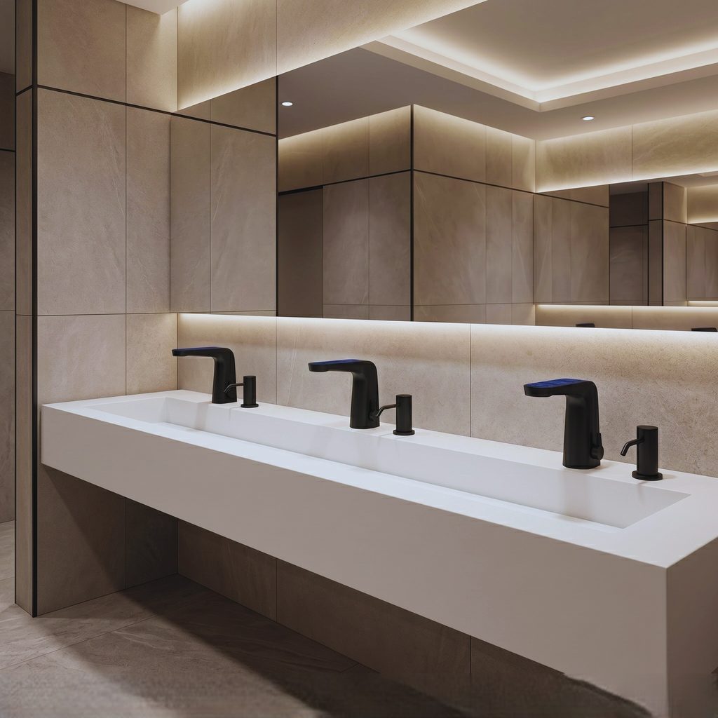 Matte black touchless faucets on marble vanities