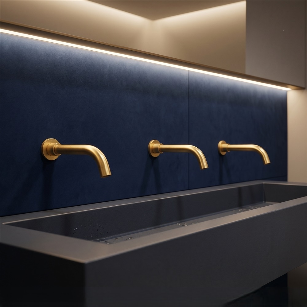 Brushed gold touchless faucet in classic luxury bathroom