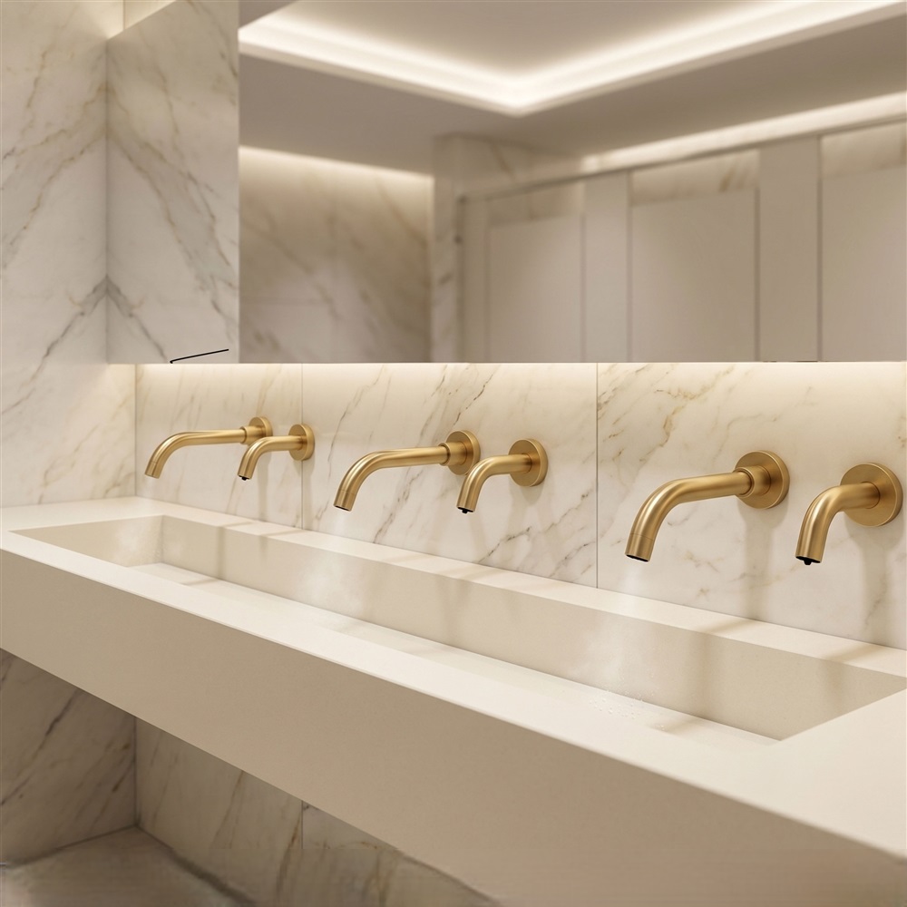 Brushed gold touchless faucet over stone basin sink