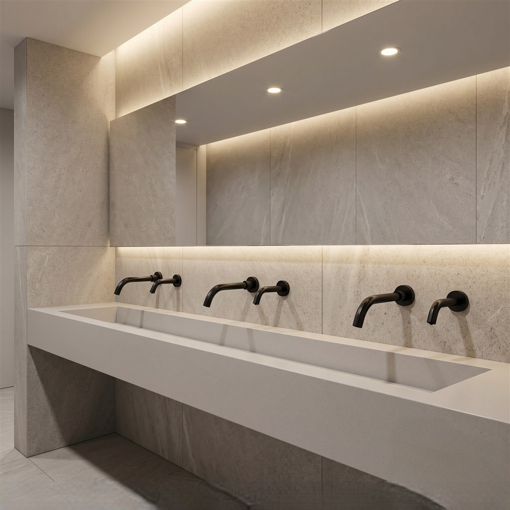 Matte black touchless faucet in modern luxury bathroom