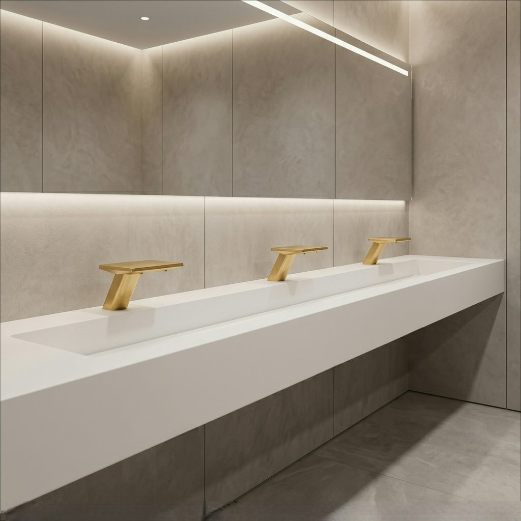 Luxury brushed gold touchless faucet in upscale bathroom