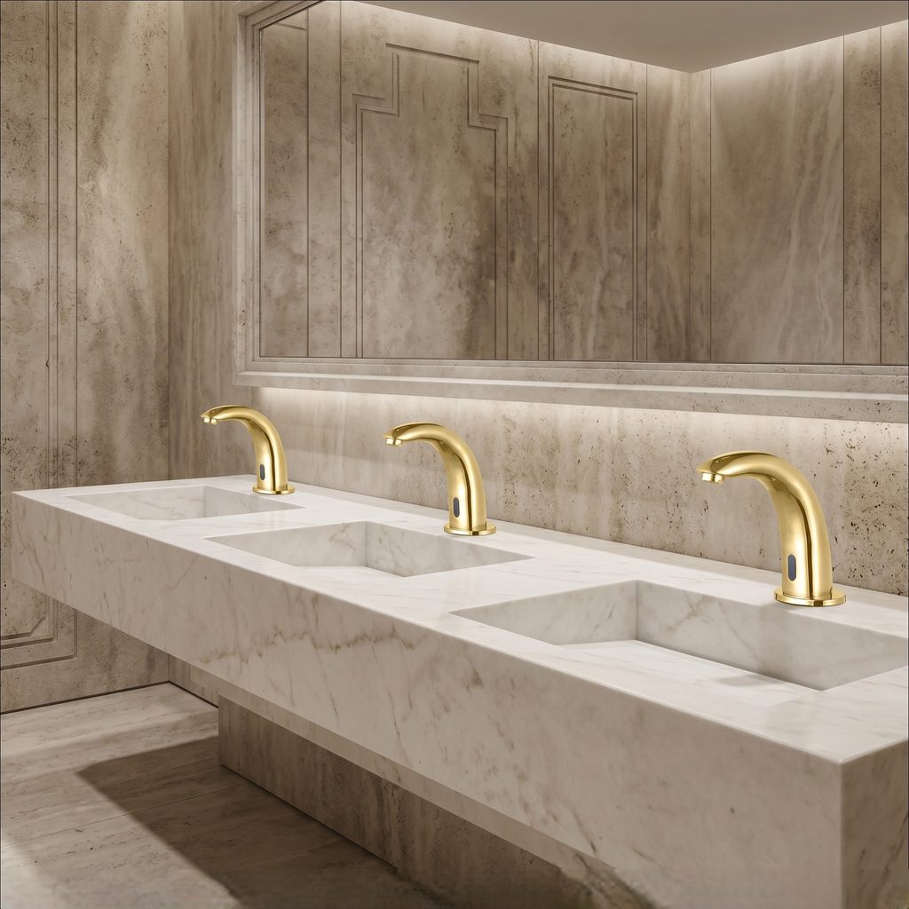 Brushed gold touchless faucet in elegant marble bathroom