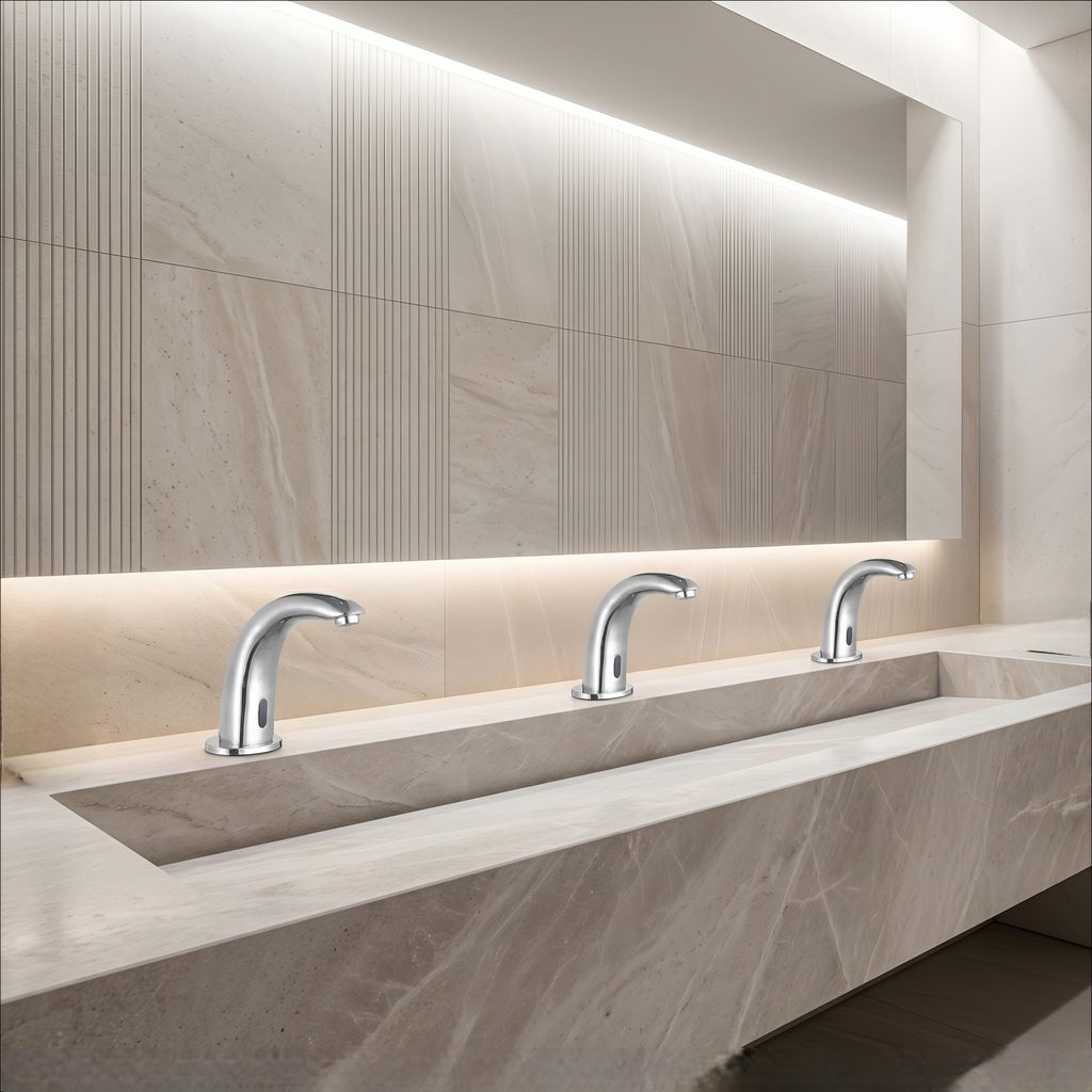 Touchless chrome bathroom faucet with running water