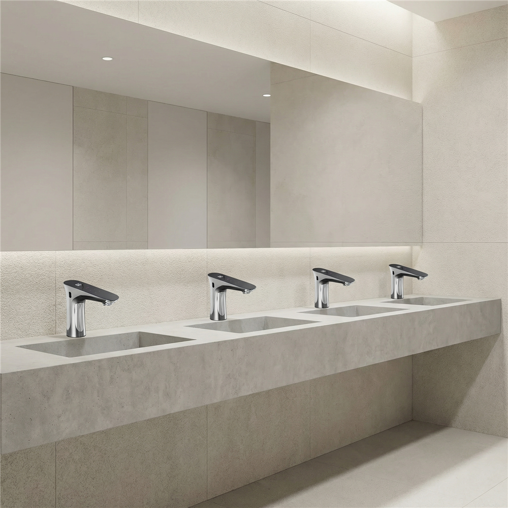 Touchless chrome bathroom faucet with running water
