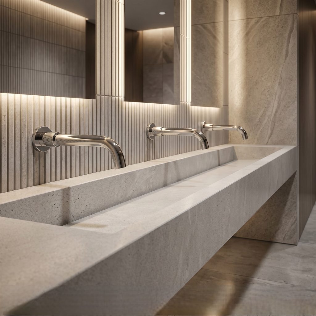 Modern touchless faucet in minimalist bathroom interior