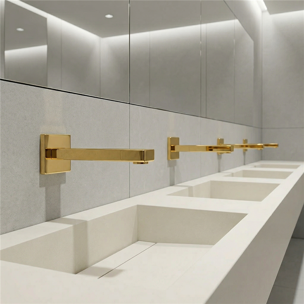 Luxury brushed gold touchless faucet in upscale bathroom