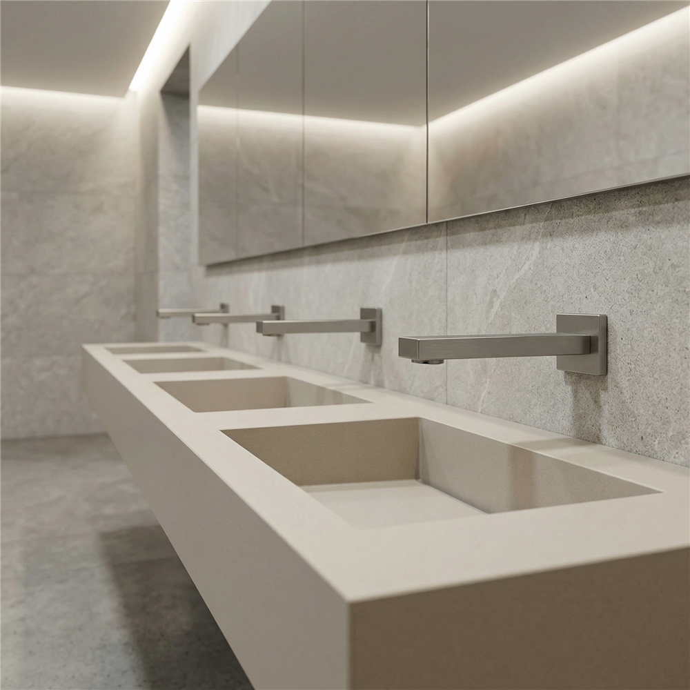 Futuristic touchless faucet in smart blue-lit bathroom