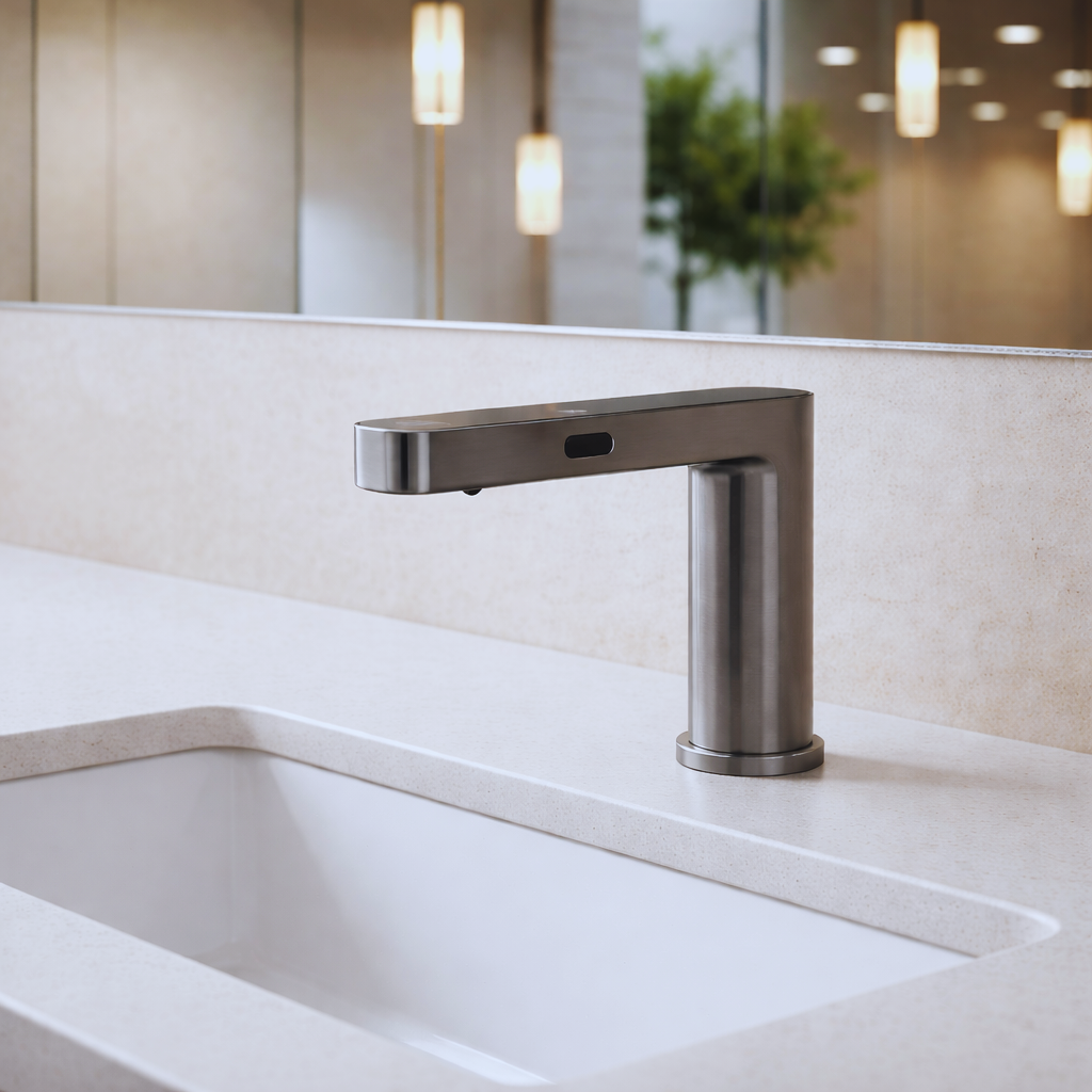 Conceptual basin plan showing sensor range along an axis, the sensing field and a separate usable handwashing zone