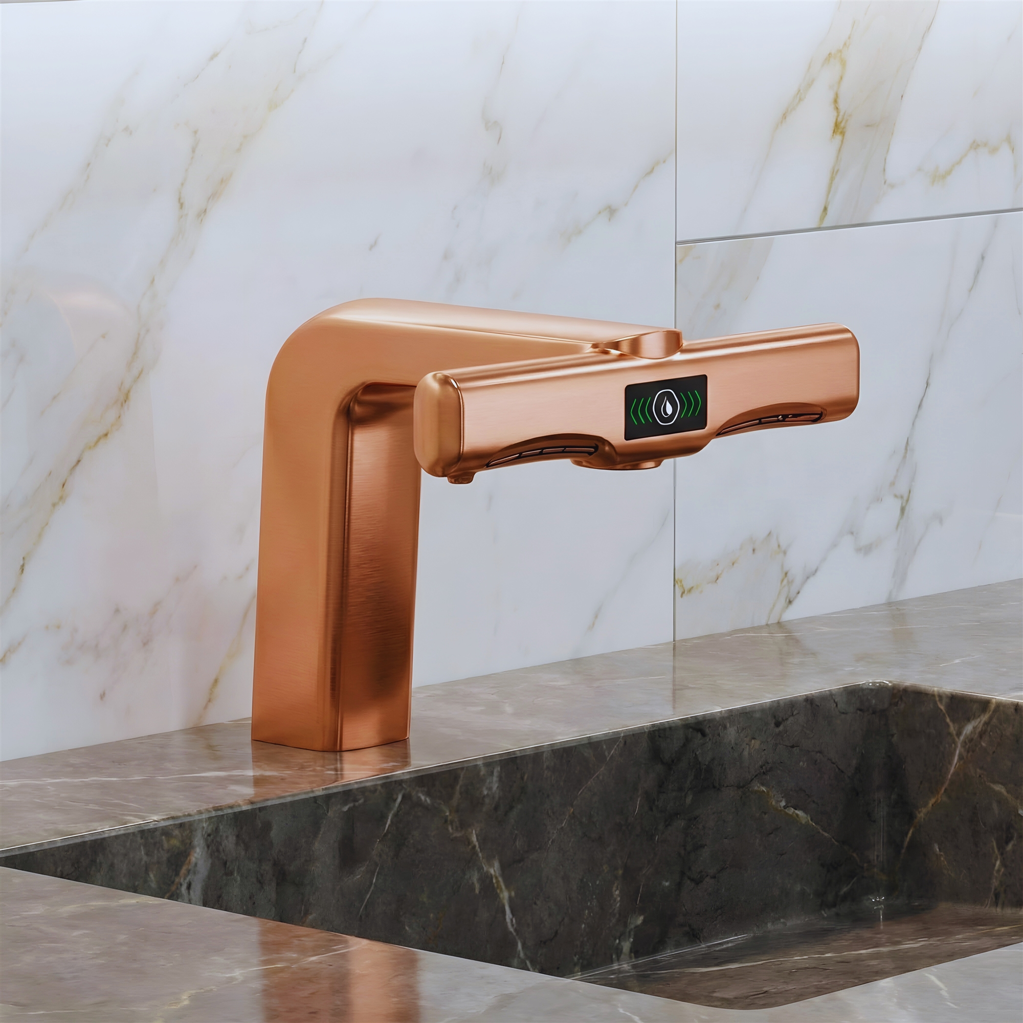 Hands rinsing beneath a touchless faucet inside a white commercial lavatory basin
