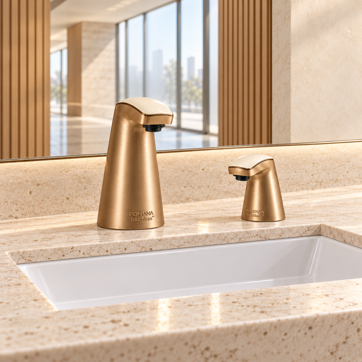Technician testing hand recognition beneath a commercial touchless faucet beside a separate soap dispenser