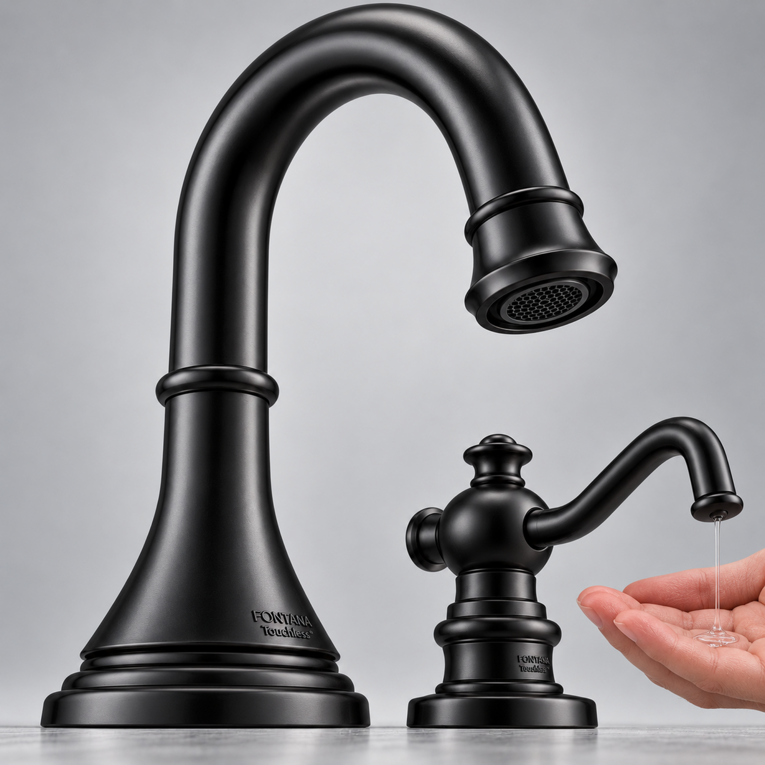 Touchless chrome faucet beside a separate soap dispenser in a daylight-lit commercial basin and stone countertop